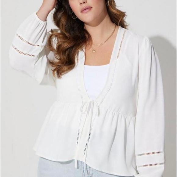 torrid Tops - Torrid Women’s Plus Textured Woven Trim Inset Ivory Kimono - 1X